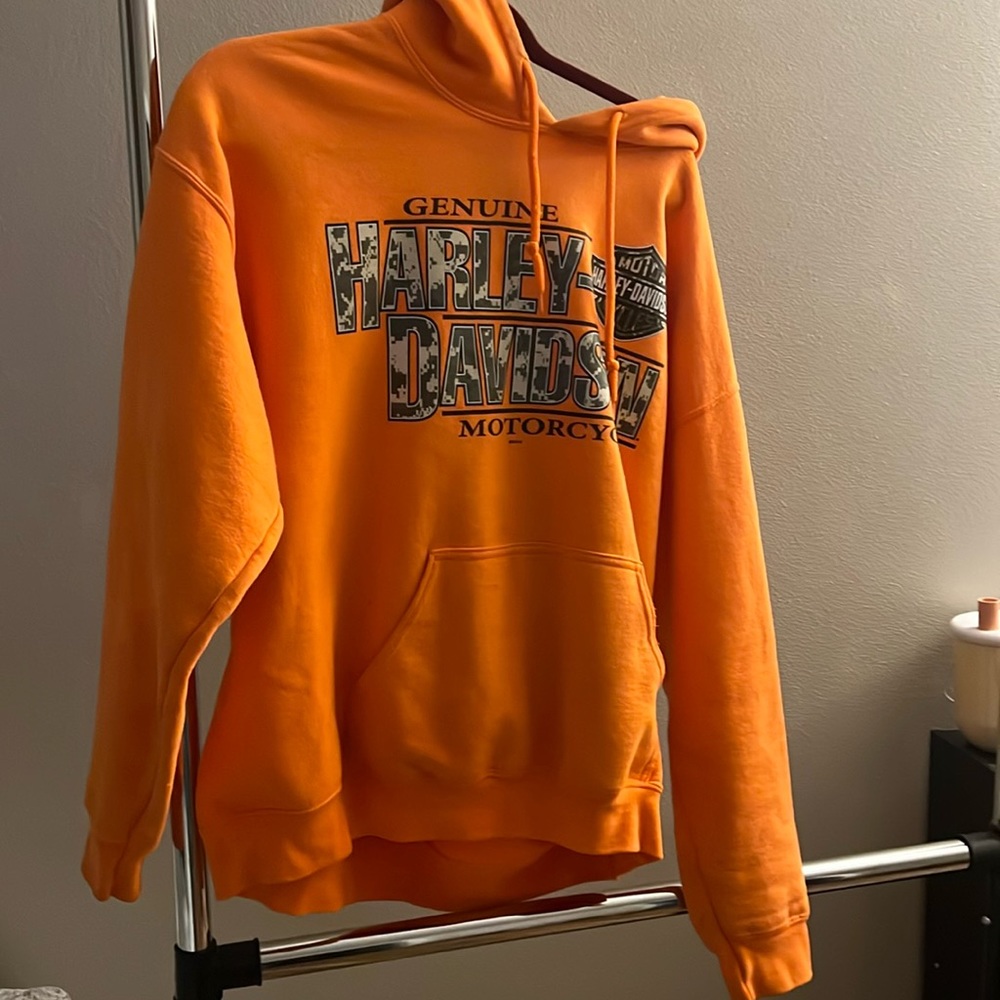 Men’s  Harley, Davidson, large, hooded, orange sweatshirt.